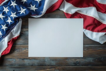 American Flag Framing a Blank White Card on Rustic Wood