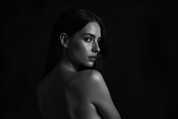 Naklejka premium Timeless Black-and-White Portrait of a Beautiful Woman in Soft, Moody Lighting with Vintage Film Photography Inspiration
