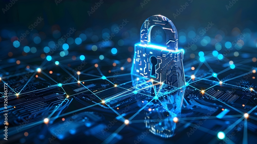 Aufkleber padlock icon with shield and interconnected nodes representing network security concept