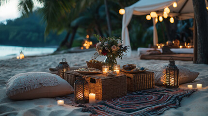 A romantic beach picnic beautifully arranged in the evening. The atmosphere of the event is warm and intimate, with soft pillows, low tables decorated with bouquets, and snacks and dishes.