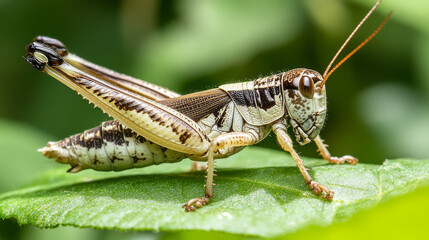 A grasshopper from Japan, the Japanese Rice Field Glasshopper, is seen resting on a green leaf. --ar 16:9 --v 6.1 Job ID: cc25a121-003a-4c60-acc2-6d3405b45f08