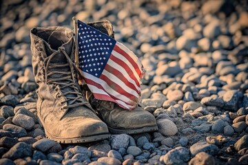 Worn Boots and an American Flag Resting on Rocks