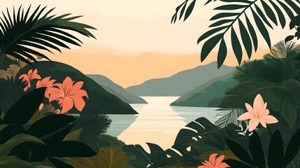 Tropical Sunset Landscape Vector Art, Lake and Mountains, Jungle Leaves and Flowers, Bold Shapes, Flat Design Aesthetic