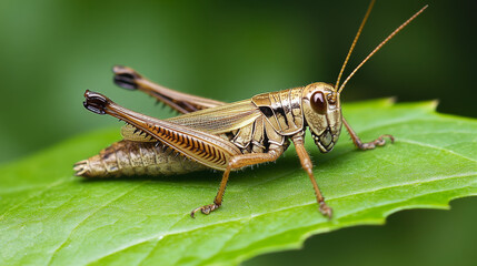 A grasshopper from Japan, the Japanese Rice Field Glasshopper, is seen resting on a green leaf. --ar 16:9 --v 6.1 Job ID: cc25a121-003a-4c60-acc2-6d3405b45f08