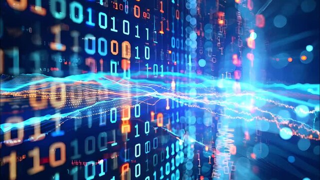A vivid representation of digital data flow featuring binary code and glowing blue lines, symbolizing technology and innovation in the digital age