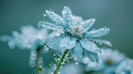 A morning dew-covered wildflower with droplets glistening on its petals. 