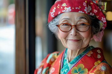 Elderly happy japanese woman wearing a kimono smiling during a keiro no hi, or respect for the aged day