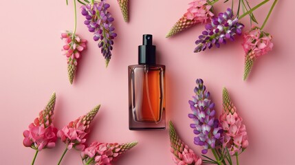 An exquisite fragrance bottle is showcased amidst a radiant array of blooming flowers, creating a stunning visual harmony of color and scent
