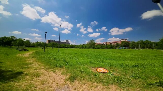View from the first flight on the FPV drone. Video Shooting on an ultra-wide angle camera. Fast and dynamic flight on a sports quadcopter gvnf.obksz yn lipo batteries. Nature. Tuscany Italy 17.08.2024