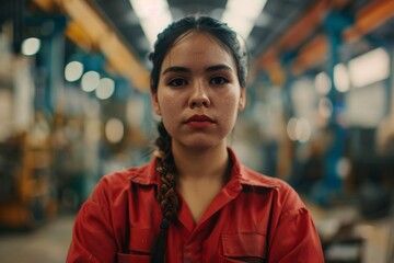Fototapeta premium Portrait of a young female assembly line worker in factory