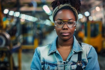 Fototapeta premium Portrait of a young female assembly line worker in factory