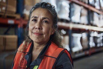 Fototapeta premium Portrait of a smiling middle aged female warehouse worker