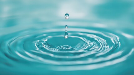 The image portrays a single water droplet falling into a body of water, creating concentric ripples. The serene environment highlights the delicate interaction of water with natural elements.