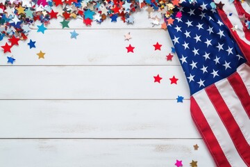 American Flag and Confetti Stars on White Wooden Background