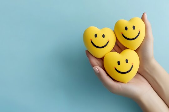 Hand holding smile face isolated on white blank gradient background