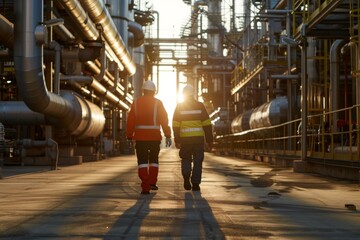Two engineers walking in a petroleum refinery