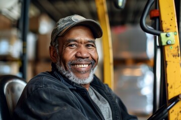 Portrait of a middle aged forklift worker in warehouse