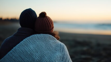 A couple is embraced under a cozy white blanket at the beach during dawn, showcasing a tender moment of companionship against a tranquil backdrop of the rising sun.