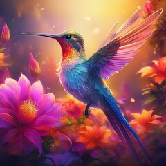 Fototapeta premium Beautiful dreamy hummingbird with colorful flowers in a fantasy world