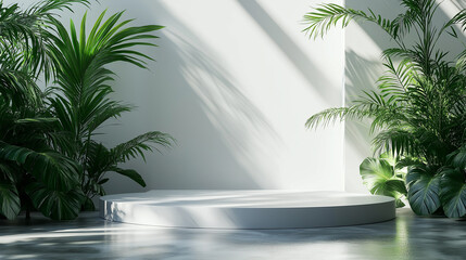 Fototapeta premium A simple modern podium surrounded by lush green palm leaves. The design is clean and calm, with natural light casting soft shadows on the white podium and surrounding green trees.