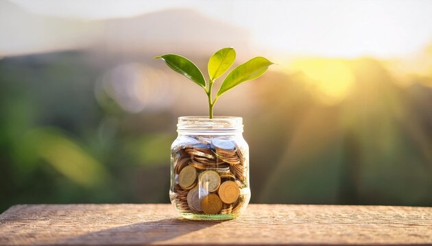 sprout growing in coins glass jar, money saving tips in high inflation times, building the wealth, saving and investing money tips concept
