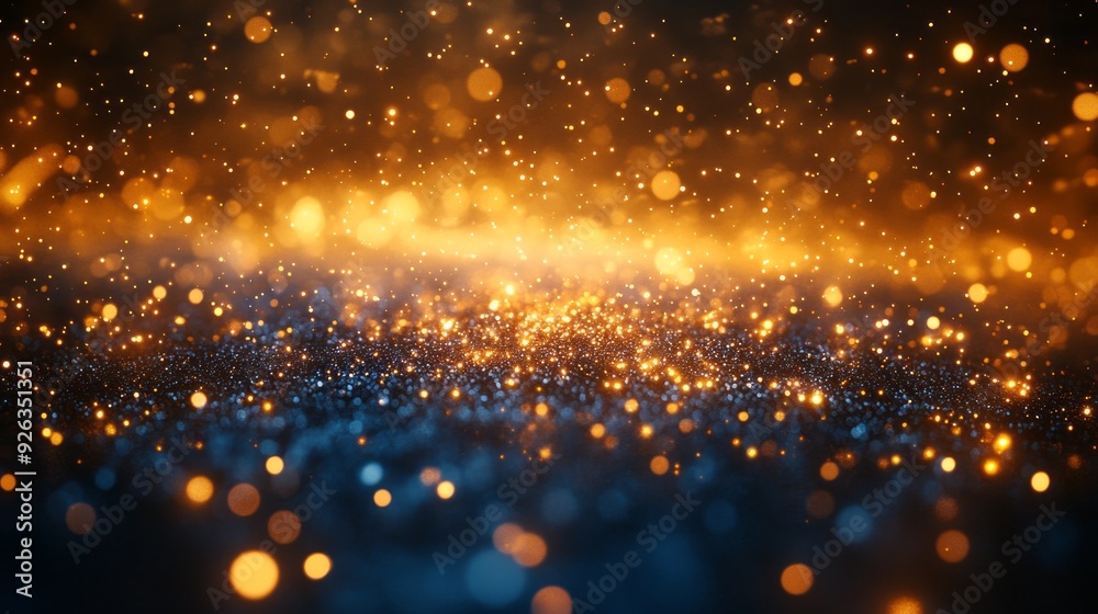 Poster a mesmerizing array of golden and blue particles dances gracefully in a tranquil dark setting, evoki