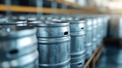 A row of steel kegs arranged in a modern industrial facility setting, highlighting the organized and efficient storage solutions within a professional environment.