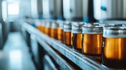 Jars filled with amber-colored liquid lined up in a production line, showcasing the process of mass production and the meticulous attention to detail in a manufacturing environment.