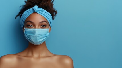 A stylized portrait of a woman facing forward, wearing a blue mask and matching headband, illustrates health awareness, modernity, and a striking blue themed composition.
