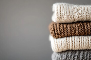 Stack of Knitted Sweaters in White, Brown, and Grey