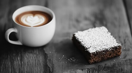 A tempting slice of brownie dusted with powdered sugar placed next to a mug of latte coffee with heart-shaped art, on a rustic wooden table setup for a cozy moment.