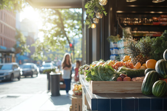 Fresh produce displayed outside a local grocery store on a sunny city street with a blurred background of pedestrians and urban life