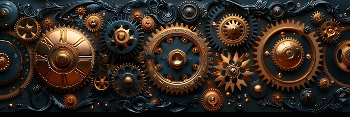A close up of a gear mechanism with hundreds of gears, bolts, valves and other small details, some parts are made of gold with engraving.