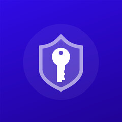 Cybersecurity, data protection icon with shield and key, transparent design