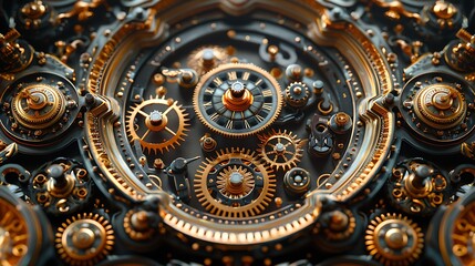 A close up of a gear mechanism with hundreds of gears, bolts, valves and other small details, some parts are made of gold with engraving.