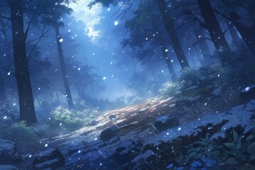 Obraz premium Winter Enchanting Anime-Style : Snowfall Anime Background with Fluttering Snowflakes in a Forest, Abstract Gaming Art for Storybook Illustrations in 4K,book illustrations and picture books