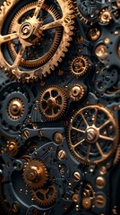 A close up of a gear mechanism with hundreds of gears, bolts, valves and other small details, some parts are made of gold with engraving.