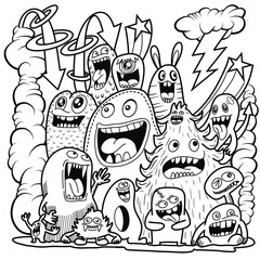 Hand-drawn illustrations, monsters doodle, Hand Drawn cartoon monster illustration,Cartoon crowd doodle hand-drawn Doodle style.black and white stripes coloring  book.