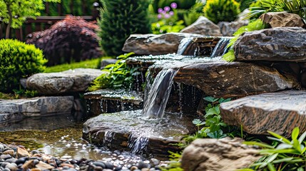 Nature-inspired garden fountain featuring a waterfall effect, set in a landscaped garden with large...