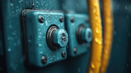 Close-up photograph capturing wet industrial electrical switches with visible water droplets on them, highlighting their texture and ruggedness in a likely outdoor or industrial setting.