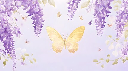 Golden Butterfly and Purple Flowers Watercolor Painting 