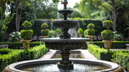 Vintage-style iron garden fountain with intricate detailing, positioned in a formal garden with neatly trimmed topiaries. 