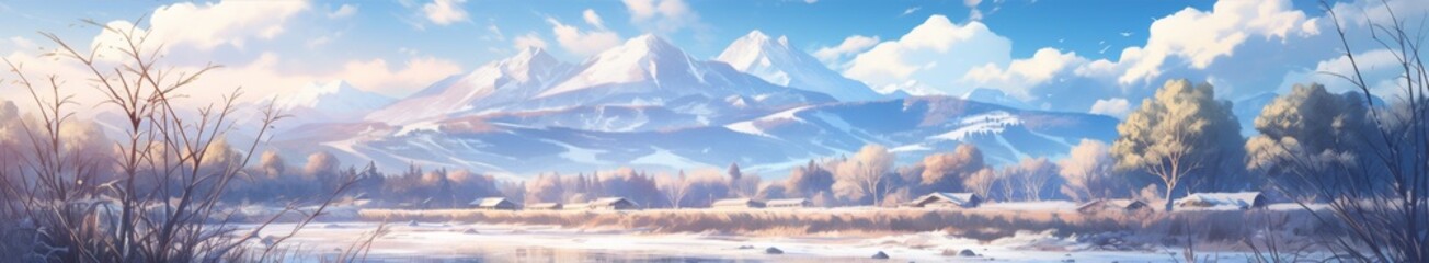 Obraz premium Snow-Capped Mountain Majesty and River Scenery Under a Clear Sky: A 13-Piece Anime Series Capturing the Essence of Winter Wonders,Anime Comic Style Art.For Poster,Novel,UI,WEB,Game,Design,book illustr
