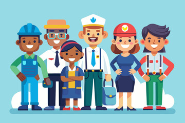 People of different professions. Builder, female police officer, cook, engineer, doctor and teacher
