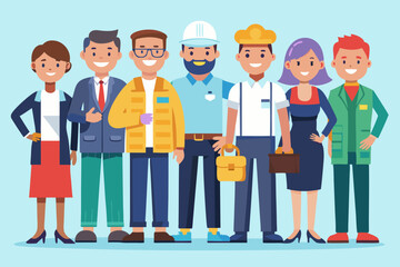 People of different professions. Builder, female police officer, cook, engineer, doctor and teacher
