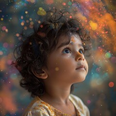 A Young Girl Covered in Glitter Gazes Upwards