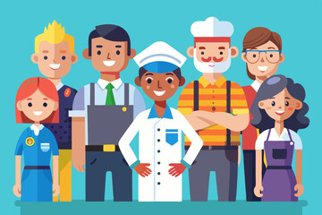 People of different professions. Builder, female police officer, cook, engineer, doctor and teacher
