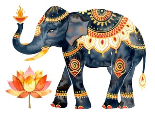 Obraz premium Ornate Watercolor Elephant with Lotus Flower and Lamp
