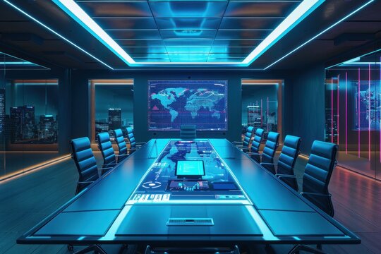 Modern conference room with high tech features and digital displays in a futuristic design - Powered by Adobe
