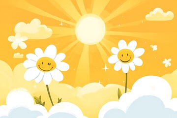 Fototapeta premium smiling flowers on yellow background.